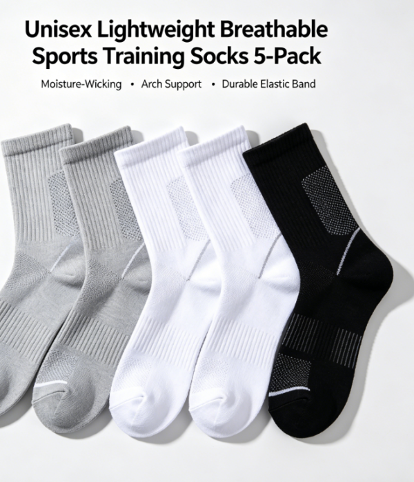 Unisex Lightweight Breathable Sports Training Socks 5-Pack